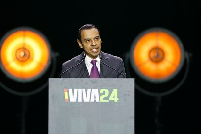 Roger Severino, durante su intervención en la convención de Vox este domingo en Madrid. 
