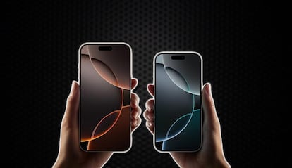 Nuevos iPhone 16 Pro de Apple sujetados por manos y con fondo negro