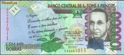 Billete de 100.000 dobras de Santo Tomé y Príncipe. El Banco Nacional de este país africano emitió este papel moneda en 2008. Este billete equivale a 4,088 euros. Visto de otra forma, una moneda de 100 dobras, la más reducida en la actualidad tras el proceso de hiperinflación que vivió la colonia portuguesa a finales de los noventa, equivale a 0,00408328 euros.