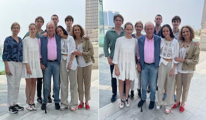 Las dos imágenes del rey emérito con sus dos hijas y cinco de sus nietos en Abu Dabi. A la izquierda, la imagen de la polémica, donde no se ven las piernas de Pablo Urdangarin.