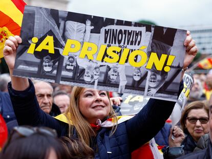 Una mujer enarbola un cartel con la imagen invertida de los indultados por el 'procés' con el lema "¡A prisión!", durante la concentración contra la amnistía promovida este domingo por Vox en la madrileña plaza de Colón.