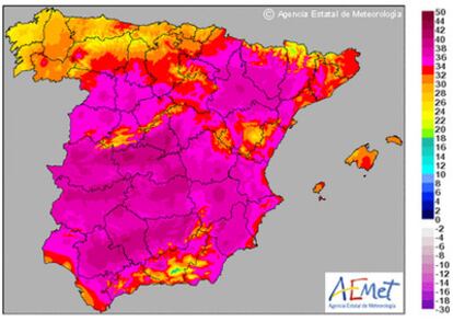 Mapa que muestra las temperaturas máximas y mínimas para hoy