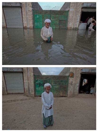 Kareen Bkhush, de unos 75 años, posa en la localidad de Khan Ghar, en el sur del Punjab, durante y un año después de las inundaciones.  "No había visto tanta lluvia en toda mi vida. El agua llegó y se llevó todo", dice este padre de diez hijos. "Tuve que vender las joyas de mis hijas para sobrevivir", se lamenta. Toda la familia de Bkhsush sobrevivió a las peores lluvias que nunca antes había visto en Pakistán.