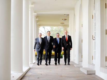 El secretario general del Consejo de la Unión Europea, Javier Solana, junto al presidente de EE UU, Barack Obama, el presidente de la Comisión Europea, José Manuel Durão Barroso y el primer ministro sueco, Fredrik Reinfeldt, en la Casa Blanca en 2009.