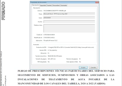 Propiedades del documento del pliego técnico de un contrato de la Mancomunidad de los Canales del Taibilla en el que figura como autor Grusamar, la firma que finalmente ganó la adjudicación. 