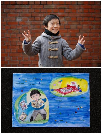 Esta combinación de fotos, muestra a Natsuki Ariga, de 9 años, y su deseo para esta Navidad: libros de cómics sobre Japón e historia mundial.