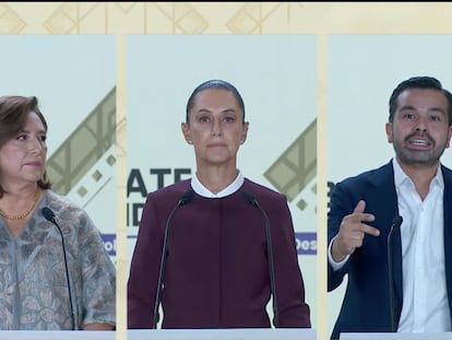 Xóchitl Gálvez, Claudia Sheinbaum y Jorge Álvarez Máynez, durante el debate.