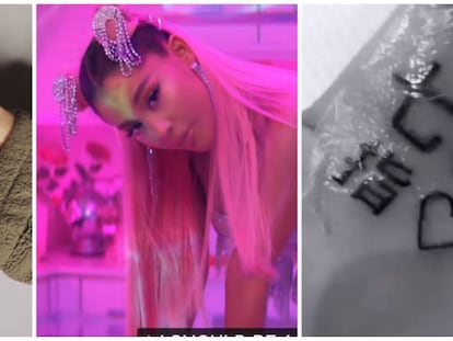 De izquierda a derecha, primer tatuaje, Ariana Grande en el videoclip de '7 rings' y el tatuaje rectificado.