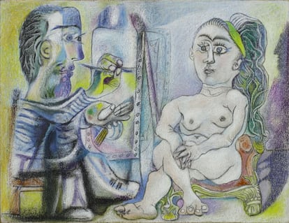 'El pintor y su modelo', 1963. Encáustica sobre contrachapado, 51 x 66 cm. Donación de Louise y Michel Leiris en 1984. Centre Pompidou, Paris. Musée national d'art moderne/Centre de création industrielle.  Sucesión Pablo Picasso, VEGAP, Madrid, 2014