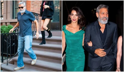George y Amal Clooney en dos fotografías tomadas únicamente con cuatro días de diferencia. A la izquierda, el matrimonio sale de su casa el 27 de septiembre. A la derecha, la pareja yendo a cenar la noche del 1 de octubre. Aquí Clooney ya se ha teñido el pelo.