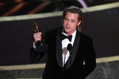 Brad Pitt collecting his Oscar award for best supporting actor on February 9, 2020.