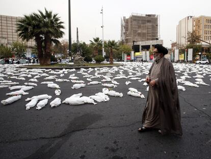 Mock dead bodies, displayed in tribute to the children who died amid the Israel-Hamas conflict, during an event in solidarity with the Palestinian people, in Tehran, Iran, November 13 2023.