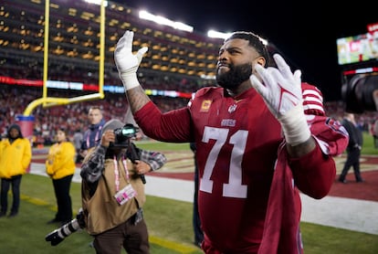San Francisco 49ers offensive tackle Trent Williams (71) celebrates after defeating the Dallas Cowboys 19-12 in a NFC divisional round game at Levi's Stadium in Santa Clara, California.