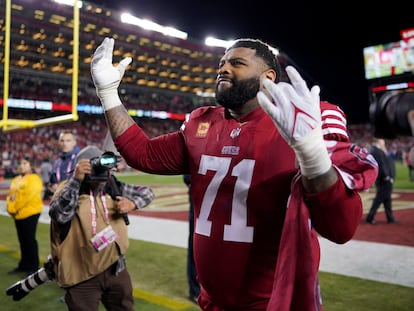 San Francisco 49ers offensive tackle Trent Williams (71) celebrates after defeating the Dallas Cowboys 19-12 in a NFC divisional round game at Levi's Stadium in Santa Clara, California.