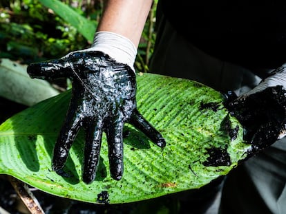 Mão manchada de petróleo: parte do tour que tem como objetivo mostrar aos visitantes os enormes danos que empresas petrolíferas causaram ​​ao meio ambiente