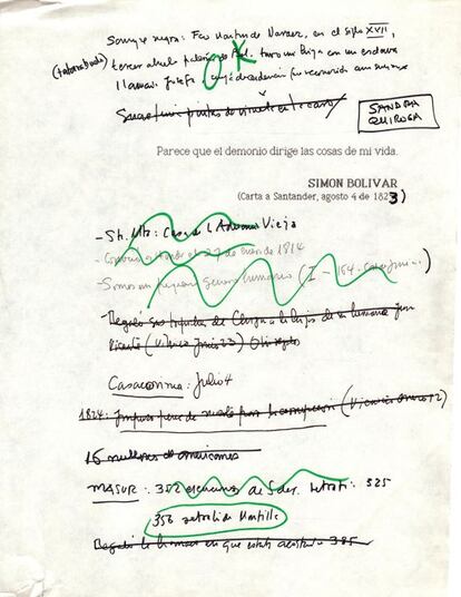 Apuntes que tomó el escritor para 'El general en su laberinto'.
