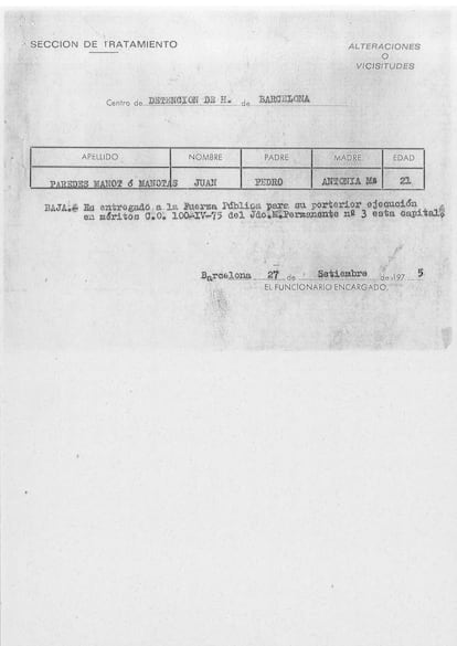 Una de las hojas del expediente que guarda el Archivo General del Ministerio del Interior de Juan Paredes Manot, 'Txiki', miembro de ETA fusilado el 27 de septiembre de 1975. Los expedientes completos que recojen documentación acumulada durante la estancia en prisión de los cinco condenados a muerte se puede consultar al final de este reportaje. 