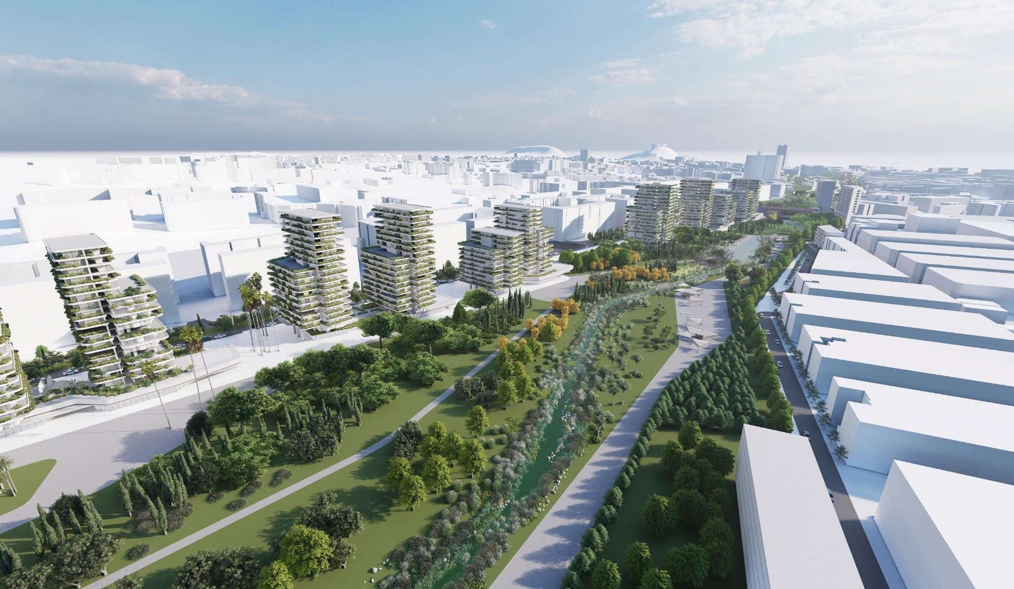 Simulación del proyecto del Parc Central, con edificios en los laterales.