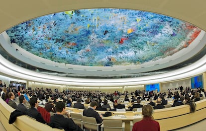 The assembly hall during the opening of the Human Rights Council's Commemorative session marking the 60th anniversary of the adoption of the Universal Declaration of Human Rights, at the European headquarters of the United Nations in Geneva, Switzerland, Dec. 12, 2008.