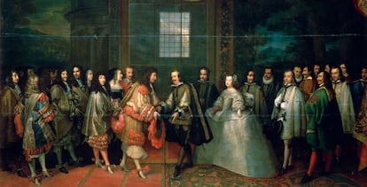 Encuentro de Luis XIV y Felipe IV en la Isla de los Faisanes (1660). 