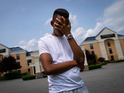 Mohamed, a 19-year-old fleeing political persecution in the northwest African country of Mauritania, outside the Crossroads Hotel on Monday, May 22, 2023, in Newburgh, N.Y.