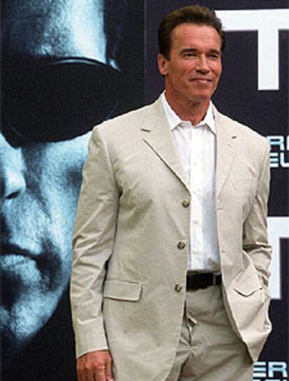 Arnold Schwarzenegger presenta <i>Terminator 3</i> en Madrid.