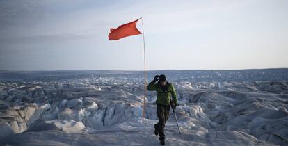 Bandeira para identificar uma posição GPS no glaciar Helheim, na Groenlândia.