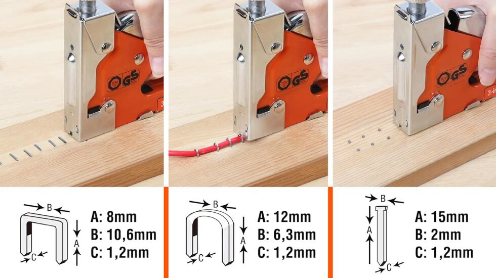 Esta grapadora incluye tres tipos de grapa distintas.