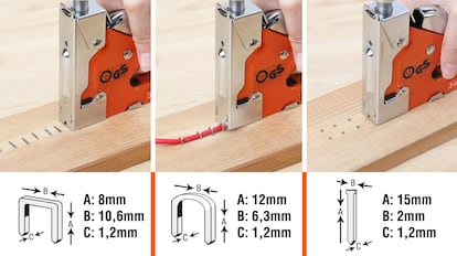 Este modelo de grapadora manual está fabricada en acero cromado.