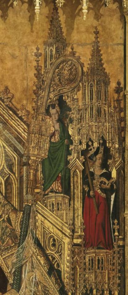 Detalle del báculo del <i>Santo Domingo de Silos entronizado como obispo</i> (hacia 1474-1477).