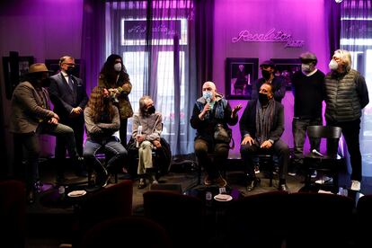 Antonio Canales, Pepe Habichuela, Tomatito, Ismael fernández, Juan José Carmona y José Suárez 'Paquete', entre otros, hoy, en la rueda de prensa. 