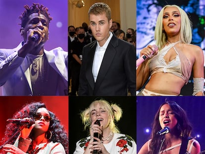 Los nominados al Grammy Jon Baptiste, Justin Bieber, Doja Cat, H.E.R, Billie Eilish y Olivia Rodrigo.