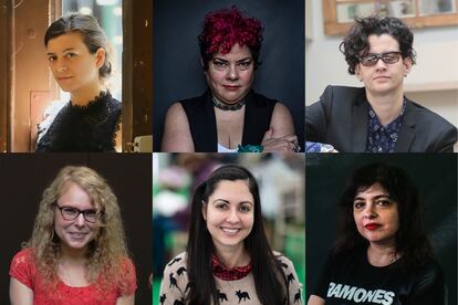 De arriba abajo y de izquierda a derecha, Samanta Schweblin, María Fernanda Ampuero, Rita Indiana, Jennifer Thorndike, Liliana Colanzi y Mariana Enriquez.