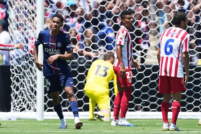 Paris Saint-Germain's Senny Mayulu (24) reacts after scoring his side's third goal during the Club World Cup group B soccer match between PSG and Atletico Madrid in Pasadena, Calif., Sunday, June 15, 2025. (AP Photo/Jae Hong)