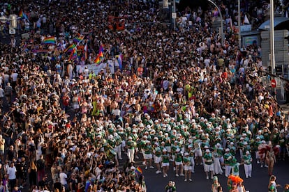 Vista general de la  manifestación del Orgullo, este sábado en Madrid.