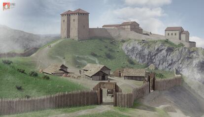 Infografía de los accesos al castillo de Gauzón y, al fondo, las dos torres que ordenó levantar Alfonso III.