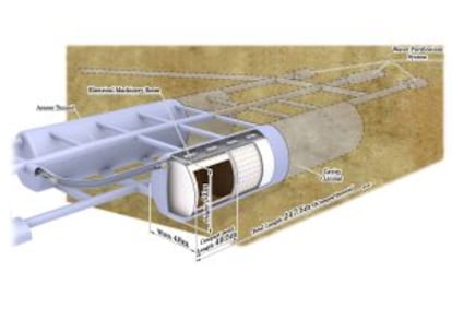 Proyecto del detector Hyper Kamiokande. El depósito de un millón de litros de agua tendrá 247,5 metros de largo por 48 metros de largo y 54 de alto. Estará situado a una profundidad de casi 1.000 metros en una antigua mina.