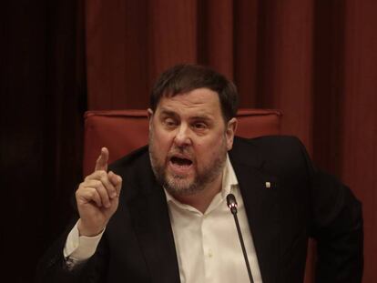 Catalan Republican Left president Oriol Junqueras speaks at the investigation commission in parliament on Tuesday.