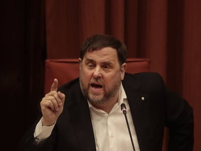 Catalan Republican Left president Oriol Junqueras speaks at the investigation commission in parliament on Tuesday.