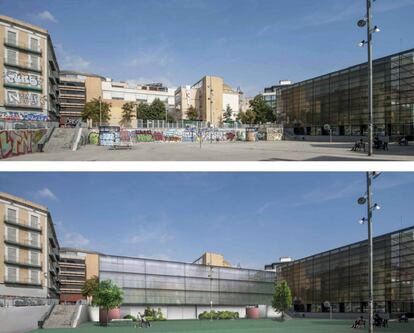 Arriba, el CAP Raval Nord visto desde la plaza de Terenci Moix. Abajo, imagen virtual del edificio que se propone para su ampliación. 