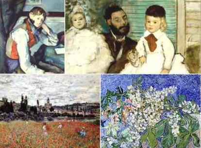 Las cuatro obras maestras robadas el domingo en la Fundación Emil Bührle. De izquierda a derecha y de arriba abajo, <i>El chico del chaleco rojo,</i><b> de Paul Cézanne</b>; <i>El conde Lepic y sus hijas, </i><b>de Edgar Degas</b>; Campo de amapolas cerca de Vétheuil, <b>de Claude Monet, y</b> Ramas de castaño en flor, <b>de Vincent van Gogh.</b>