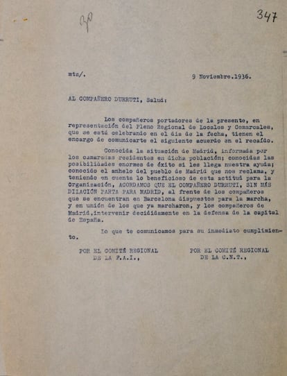 Nota de la CNT-FAI ordenando la marcha de Durruti a Madrid.