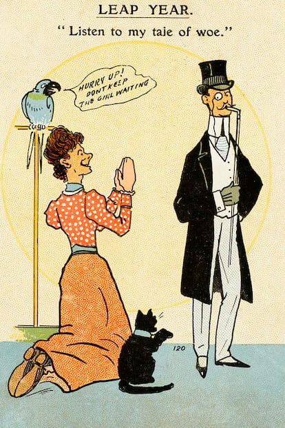 Una mujer pide matrimonio de rodillas en esta ilustración de 1912.
