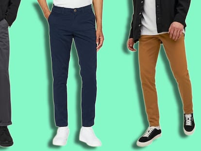 Artículo de EL PAÍS Escaparate que describe los pantalones chinos elásticos para hombre de la firma Jack & Jones.