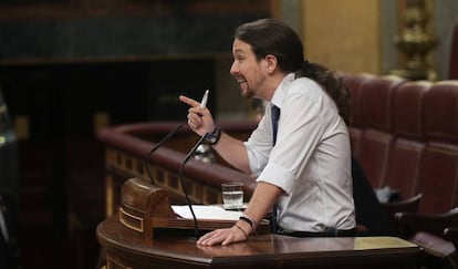 El líder de Podemos, Pablo Iglesias, durante su intervención en el Congreso de los Diputados, el 14 de junio de 2017.