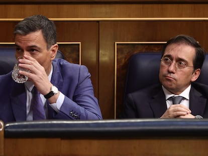 Pedro Sánchez y el ministro de Asuntos Exteriores, Unión Europea y Cooperación, José Manuel Albares, en el pleno del Congreso de esta mañana.