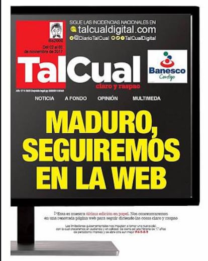 Última portada impresa del diario venezolano Tal Cual.