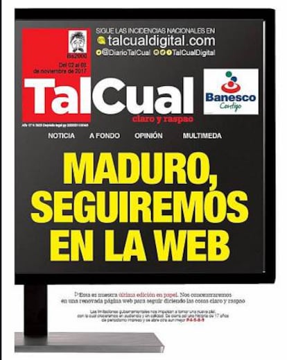 &Uacute;ltima portada impresa del diario venezolano Tal Cual.