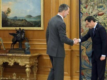 Felipe VI recibe al presidente de la Junta, Juan Manuel Moreno, en La Zarzuela en enero de 2019.