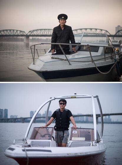 Arriba, el marinero Kim Il Soo posa en su barco turístico en el río Taedong de Pyongyang, el 25 de noviembre de 2016. Abajo, Kim Kun Ho es retratado a bordo de su lancha en el río Han de Seúl, el 19 de agosto de 2017.